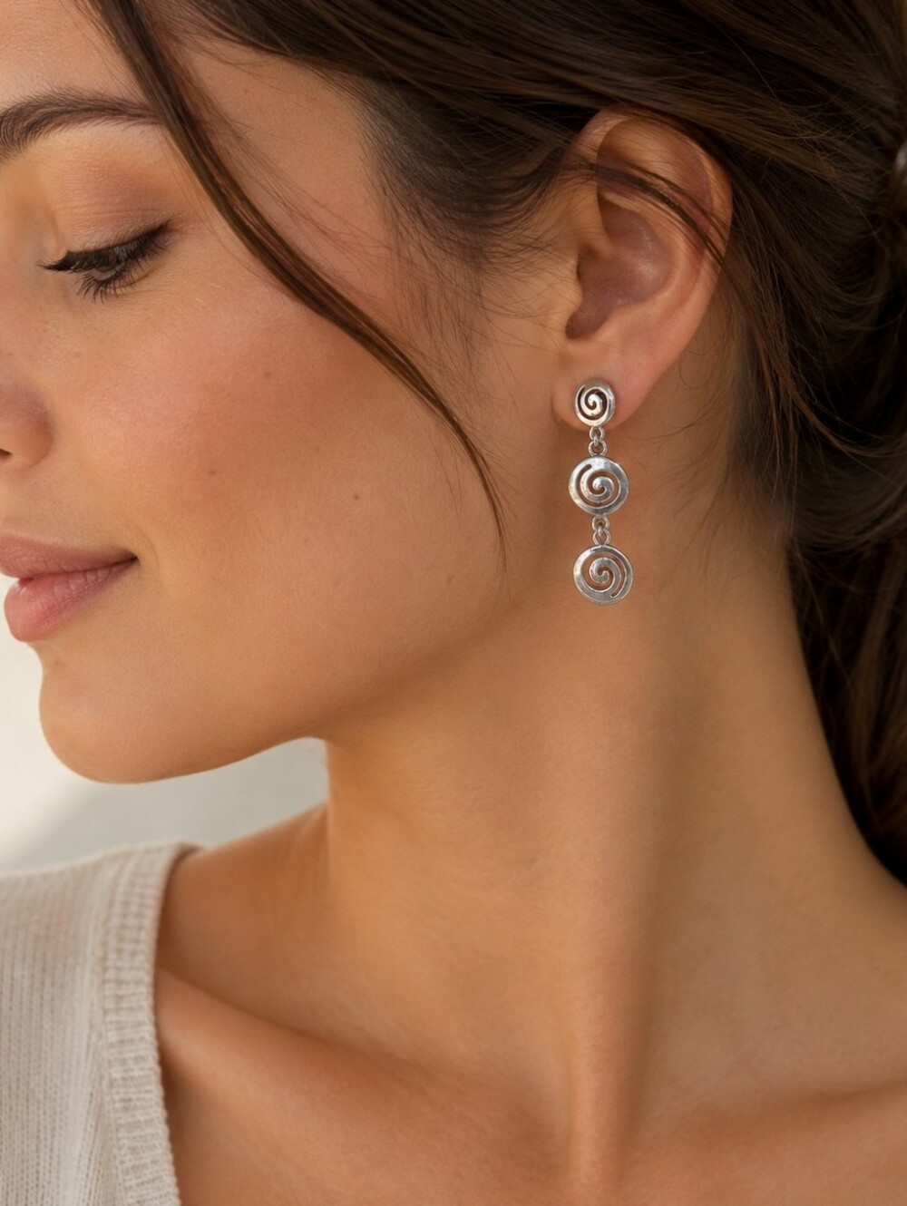 Silver Triple Spiral Post Drop Earrings